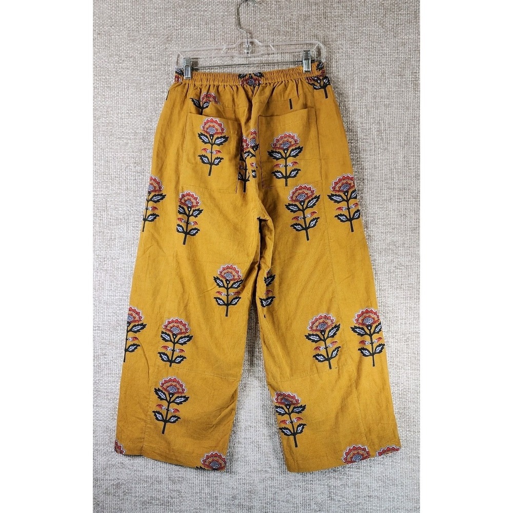 Ivy Jane Floral Print Corduroy Pants Womens S Gold Cropped Wide Leg Pullon EUC - Picture 7 of 11